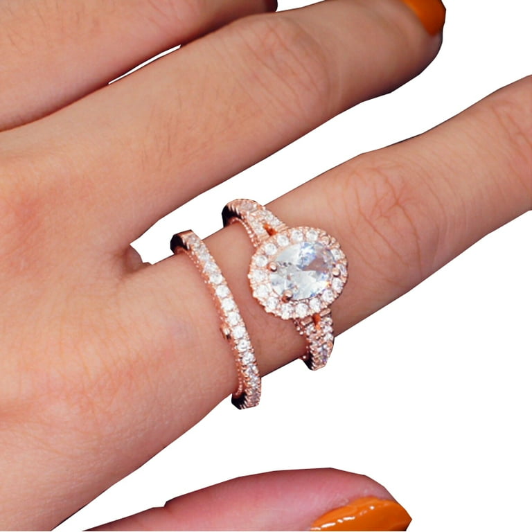 Luxury Oval White Crystal Rings Set Two Tone Rose Gold Diamond Jewelry Size 6-10 Luxury Oval White Crystal Rings Set Two Tone Rose Gold Diamond Jewelry Size 6-10